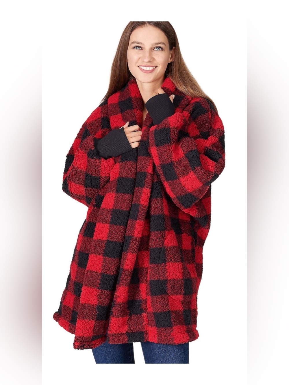 Jill Martin Sherpa Shawl Collar One Button Red Plaid Lounger Unisex